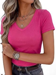 Camisetas para mujer con cuello en V para mujer, ajustadas, de punto acanalado, básicas, de moda, informales, de verano, manga corta, uso diario