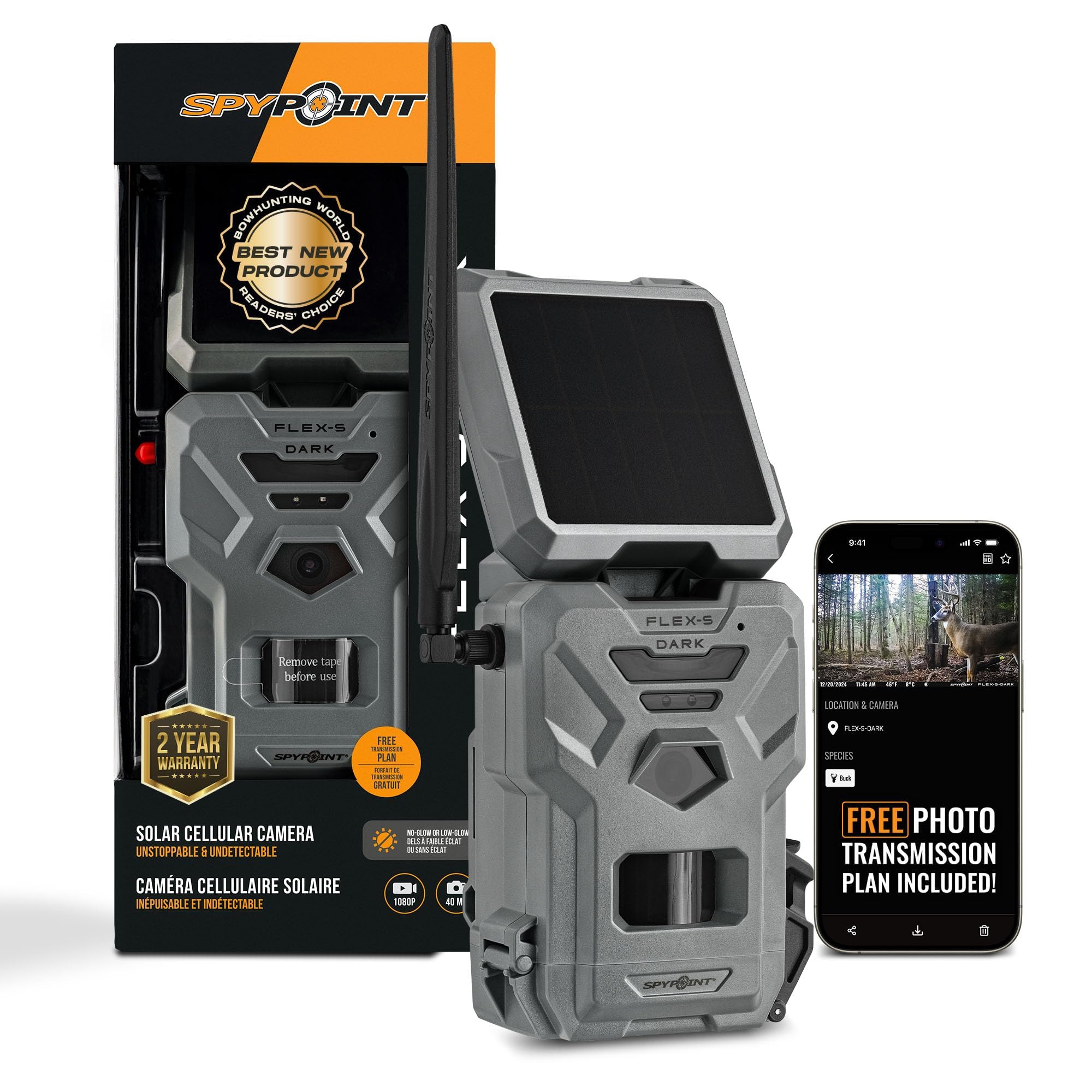 SPYPOINT Flex-S-Dark Solar Cellular Trail Camera – Built-in Solar Panel, 40MP Ph
