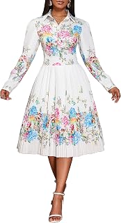 VERWIN Lapel Three-Quarter Sleeve Knee Length Pleated Floral Women's Sheath Dress…