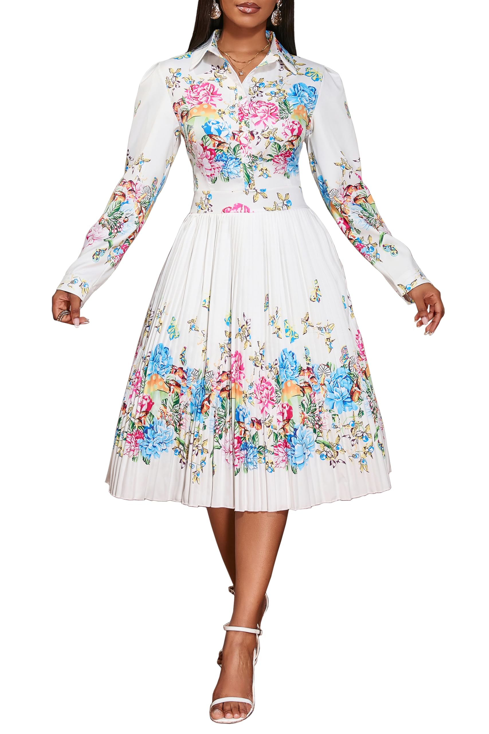 VERWIN Lapel Three-Quarter Sleeve Knee Length Pleated Floral Women's Sheath Dres