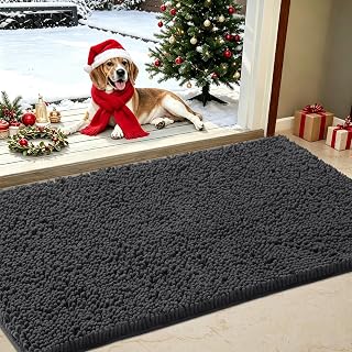 Chenille Absorbent Indoor Door Mat for Rainy Days 36" x 24", Keep Rain Outside, Washable Entry Rug for Wet Shoes, Muddy Paw Mat for Rainy Weather, Non‑Slip Outdoor Doormat for Entryway, Dark Grey