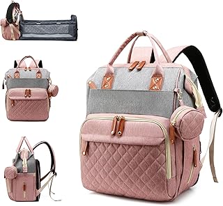 Lamroro Diaper Bag with Changing Station, Waterproof 3 in 1 Diaper Backpack with Foldable Changing Pad, Large Travel Backpack for Mom &amp; Dad, Baby Gift for Baby Girl &amp; Boy, Pink-Grey