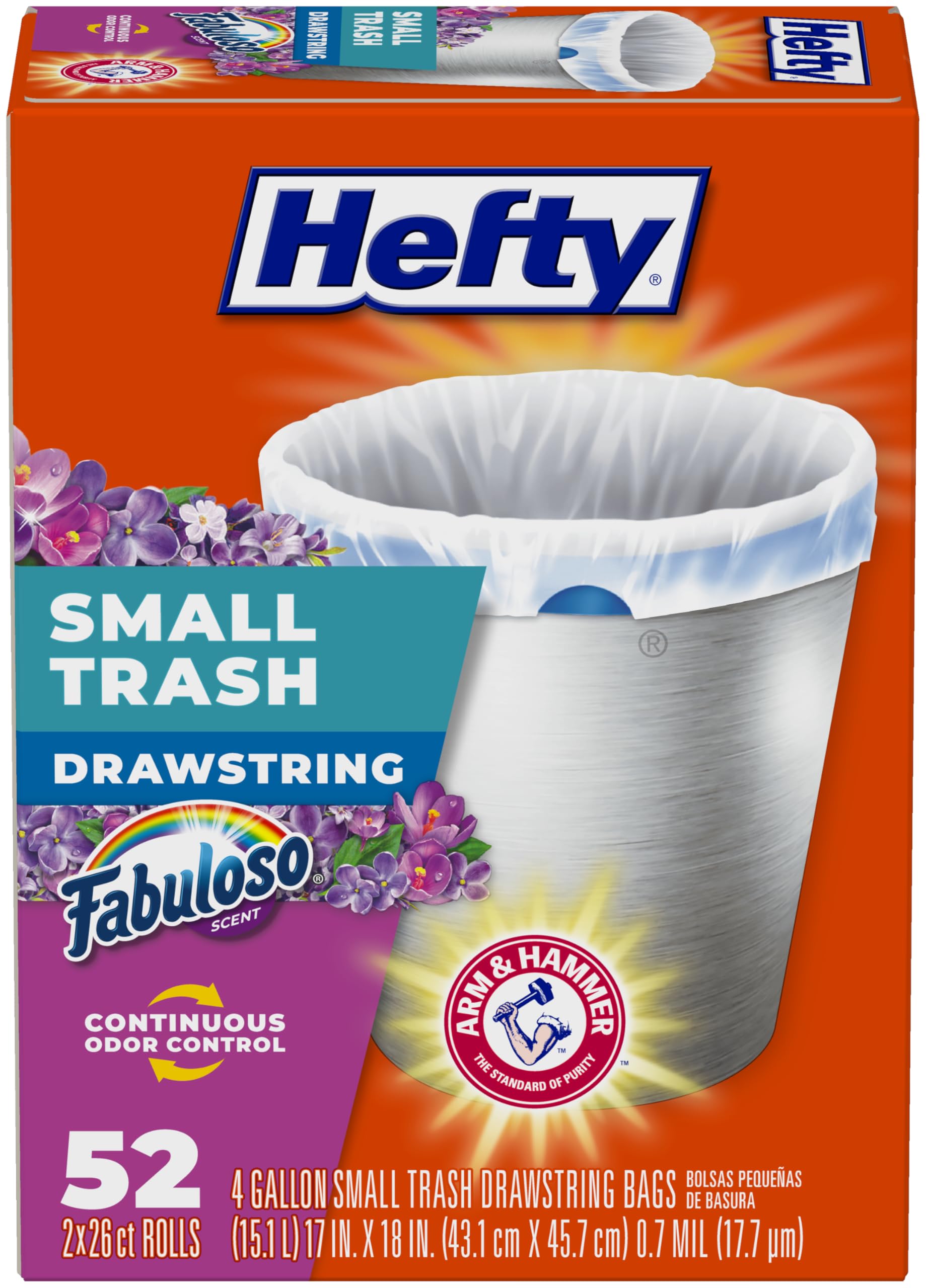 Hefty 4 Gallon Small Trash Bags, White, Fabuloso Lavender Scent, 52ct | Drawstri