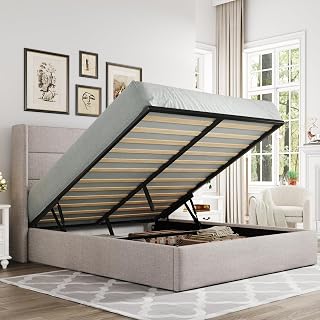 Allewie Queen Size Lift Up Hydraulic Storage Bed Frame Light Beige | Modern Wingback Headboard, Hydraulic Support Storage, No Box Spring Needed