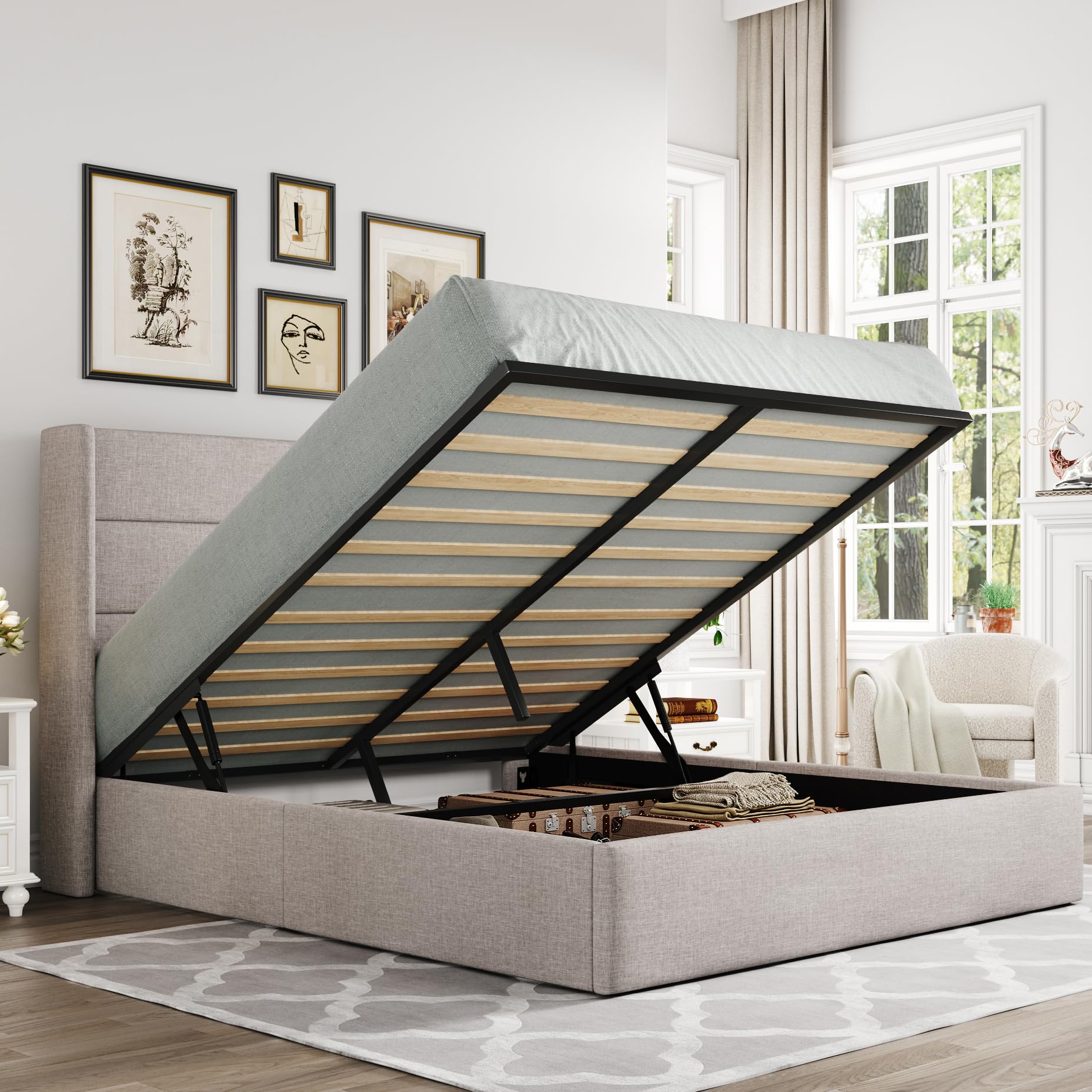 Allewie Queen Size Lift Up Hydraulic Storage Bed Frame Light Beige | Modern Wing