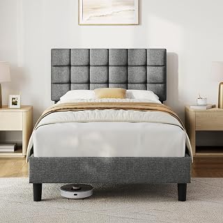 Yaheetech 4ft Small Double Bed Frame, Upholstered Headboard, Light Grey