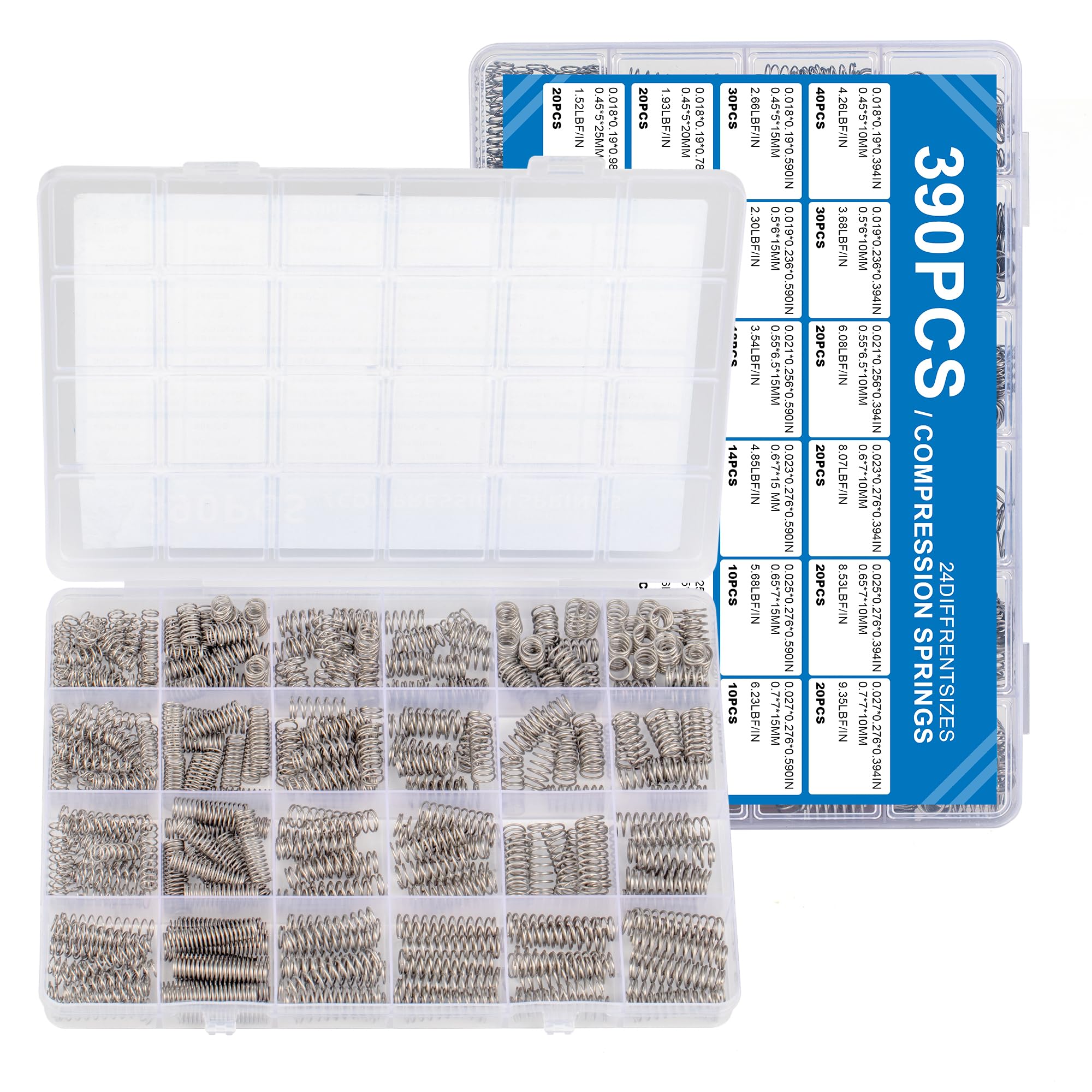 390pcs Compression Springs Assortment Kit, 24 Different Sizes, Extension Stainle