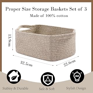 Cotton Rope Storage Baskets for Shelves, Decorative Woven Baskets for Closet Storage, Laundry Basket for Toy Towel Storage, Empty Gift Basket for Bathroom Organizer (Brown, 3 Pack)