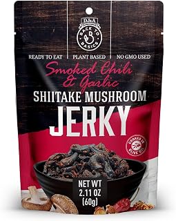 DJ&A Shitake Mushroom Jerky – Vegan Plant‑Based Jerky, Gluten‑Free, Non‑GMO, High‑Fiber Savory Snack – Chewy Shiitake Jerky for Healthy, Clean‑Eating (Smoked Garlic & Chili)