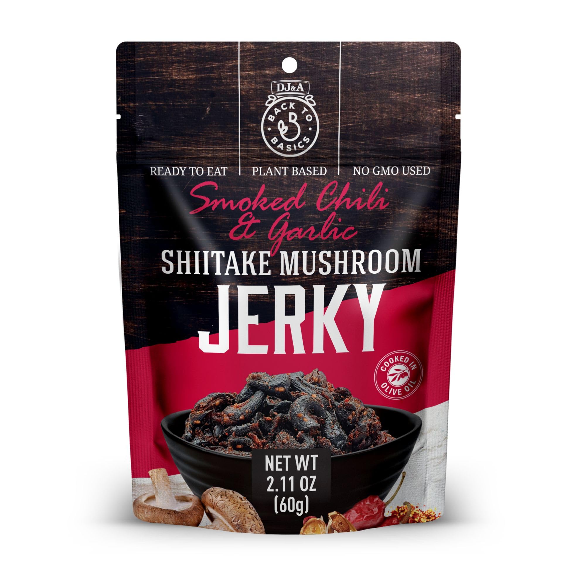 DJ&A Shitake Mushroom Jerky – Vegan Plant‑Based Jerky, Gluten‑Free, Non‑GMO, Hig