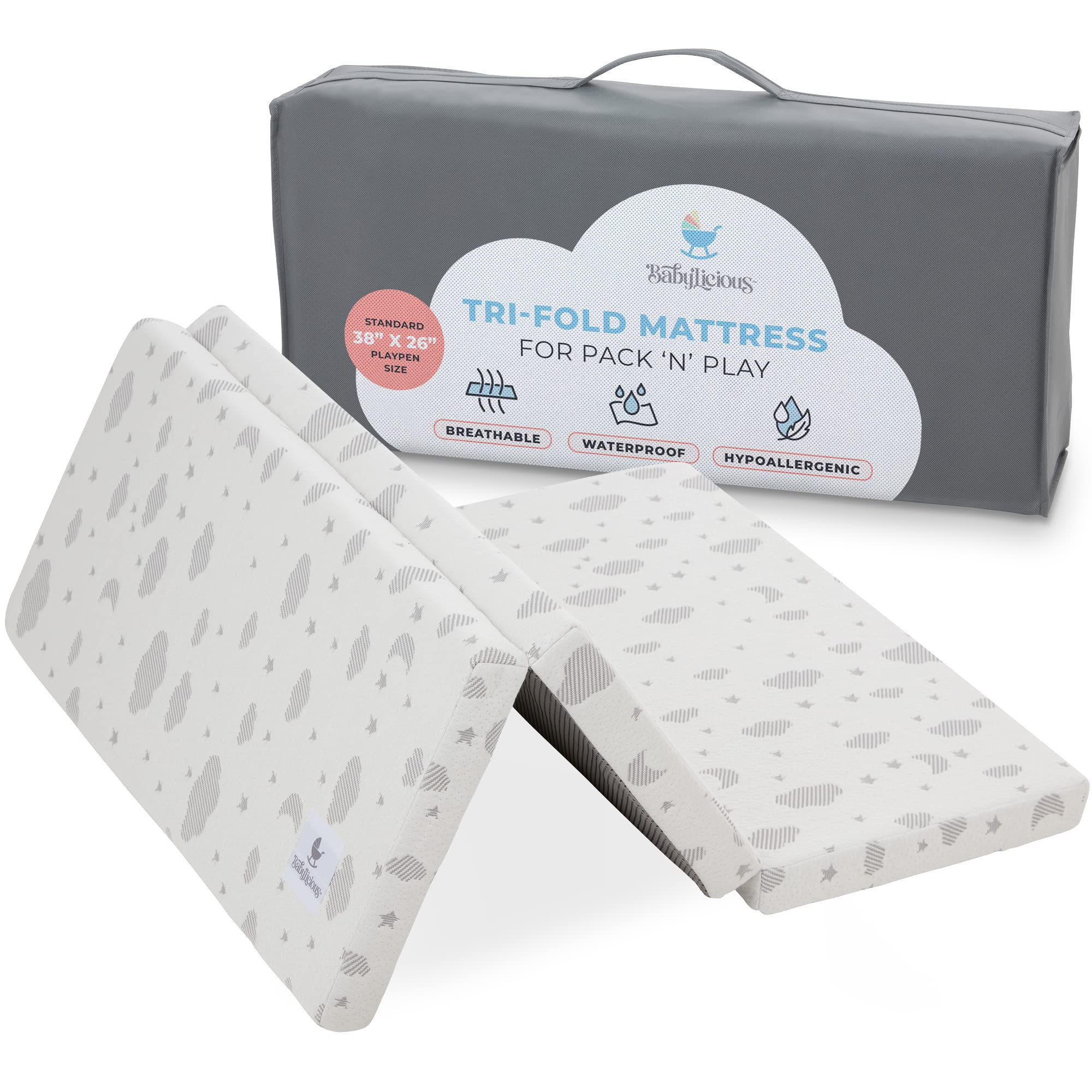 Pack and Play Mattress Topper | 38" x 26" Trifold Soft Foam | Waterproof Cover, 