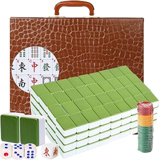 Mahjong Set,Chinese Mahjong Game Set with Carrying Travel Case, 1.5'' Large 146 Tiles with Arabic Numerals, 3 Dices, A Wind Indicator, A Set of Chips, Mah Jongg Set (Green)