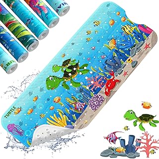 XIYUNTE Baby Bath Mats Non Slip Anti Mould - 100x40cm Extra Long Non Slip Bath Mat for Kids, Eco-Friendly Toddler Bath Mat with Suction Cups for Secure Grip, Easy to Clean & Easy Drying, Sea Turtle