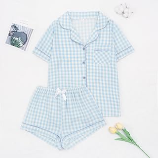 Pigiama da donna in 2 pezzi con stampa a maniche corte, camicia e pantaloncini con bottoni