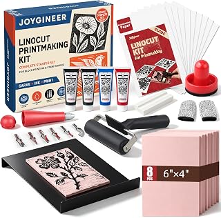Joygineer Linocut Kit for Printmaking - Block Printing Kit with 8 Soft | Cut Linoleum Blocks, Ink, Brayer Roller & Carving Tools - Professional Rubber Stamp Making Kit- Arts and Crafts for Adults