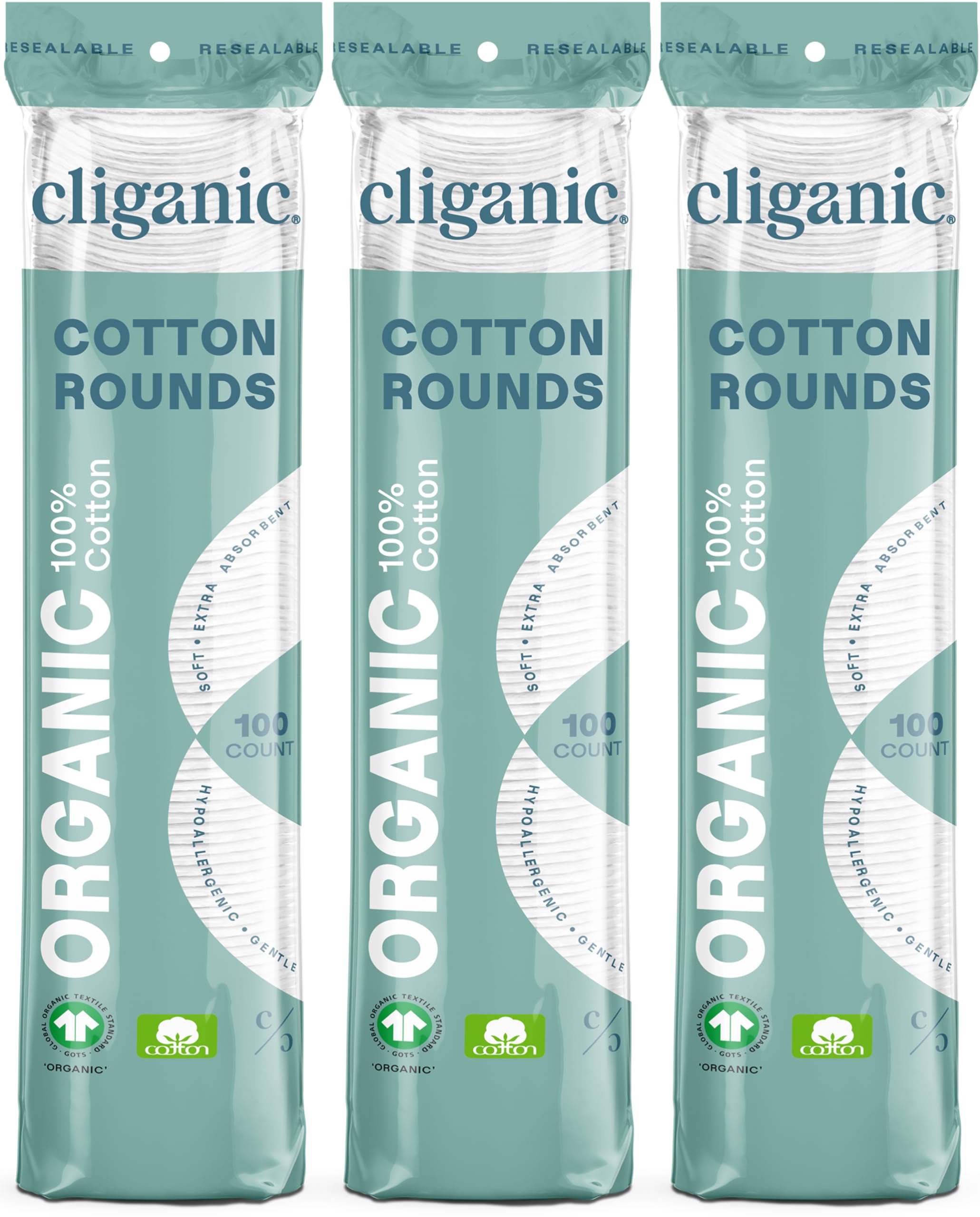 Cliganic Organic Cotton Rounds for Face, Makeup Remover Pads, 300 Count | 100% P