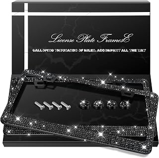 QUANQIUFEI 2 Pack Bling License Plate Frames, Sparkly Rhinestone Diamond Car License Plate Cover for Women, Stainless Steel Car Accessories with Glitter Crystal Caps (Black)