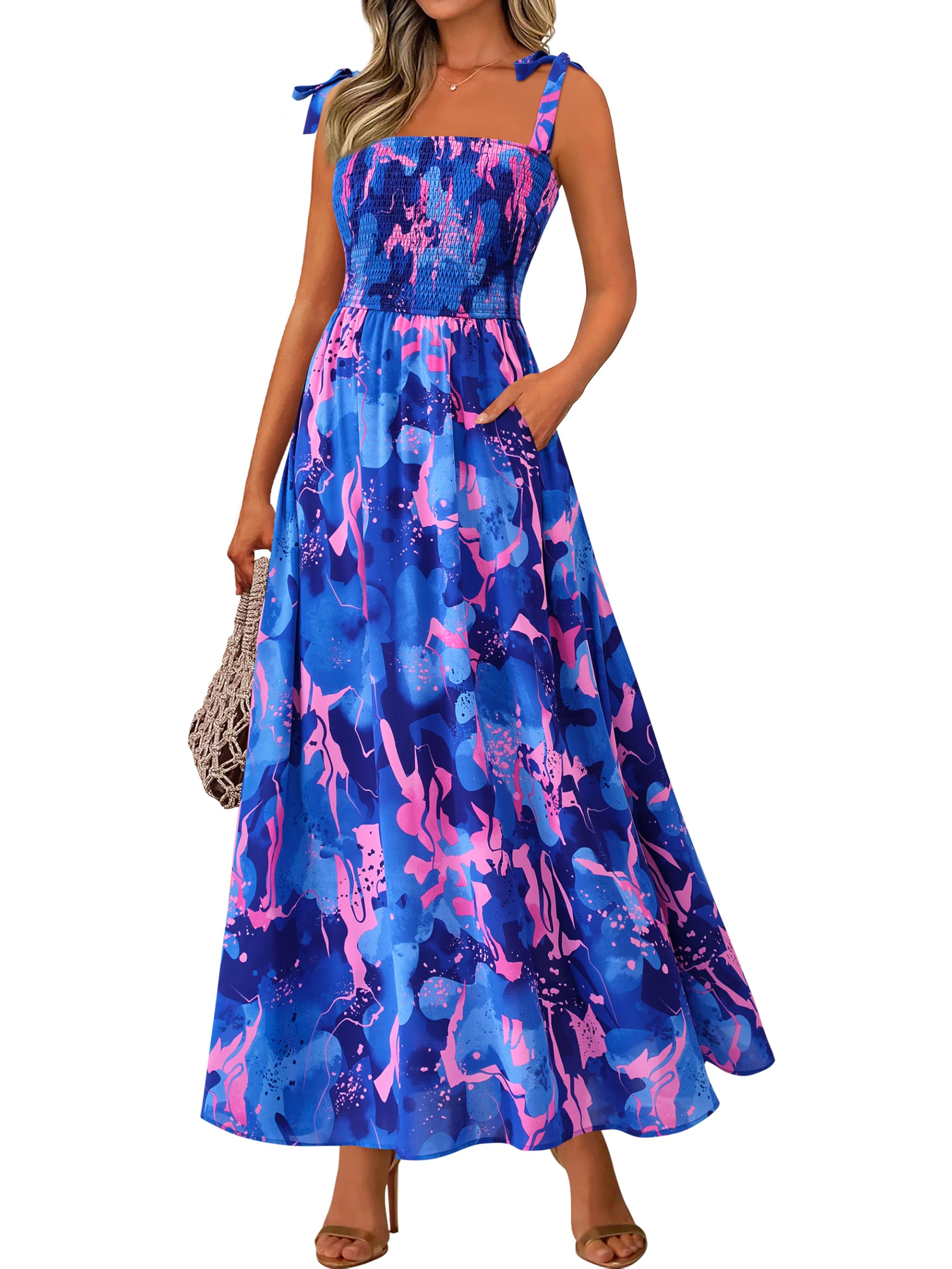 PRETTYGARDEN Womens Summer Dress Floral Smocked Maxi Dresses Beach Sundress