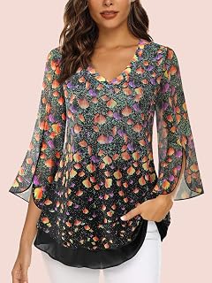 Floral Blouses for Women 3/4 Sleeve Shirts Double Layer V Neck Elegant Tunics S-XXL