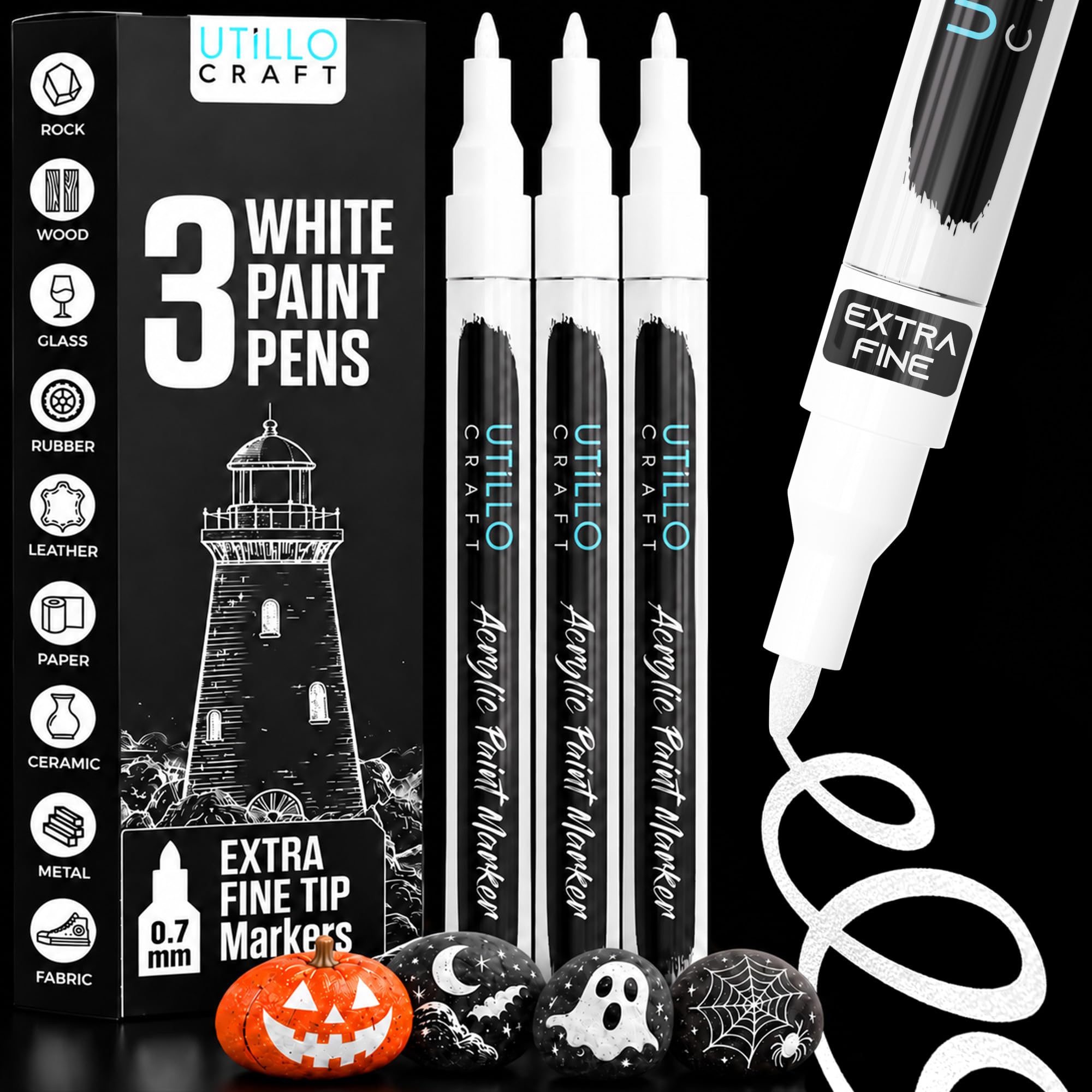 Utillo Craft White Paint Pen (3-Pack), 0.7mm Extra Fine White Paint Markers