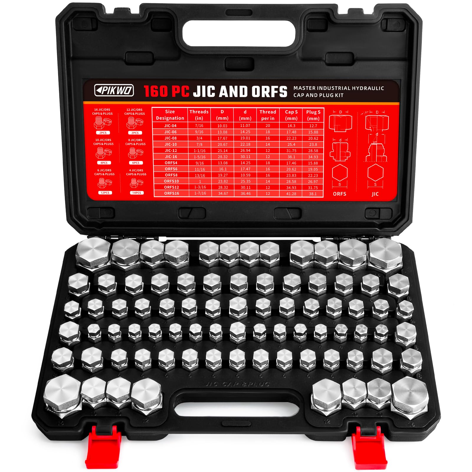 Pikwo 160 PC JIC and ORFS Master Industrial Hydraulic Cap and Plug Hose Tube and