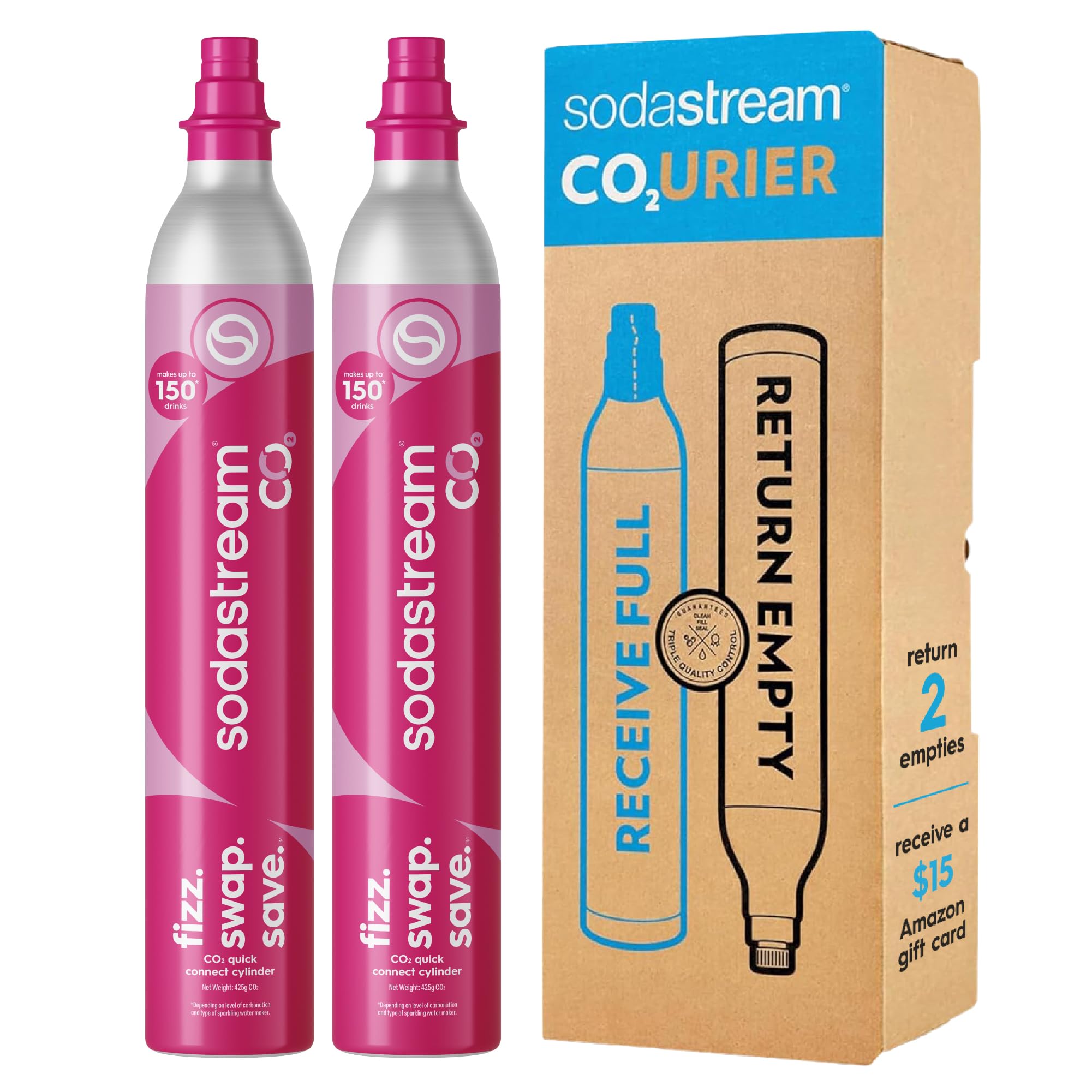 SodaStream CO2 Gas Refill Pack, 2 x 60L Pink Quick Connect Cylinders, Soda Strea