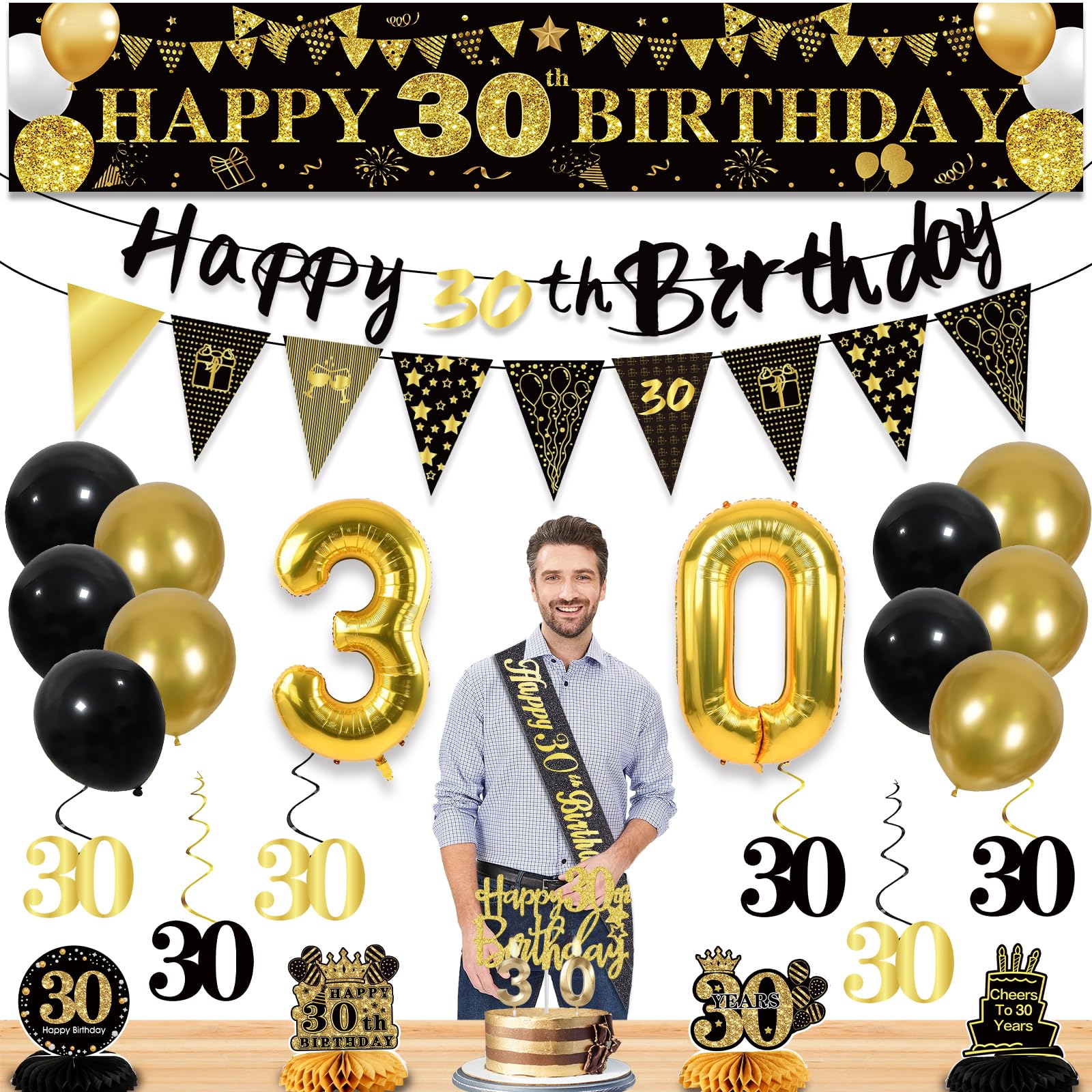 30th Birthday Decorations for Men, Black Gold 30th Party Decoration Kits