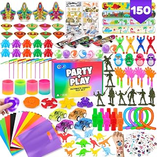 V B Party + Play Party Bag Fillers for Kids Pack of 150pc – Assorted Party Favours Kids Activity Packs Classroom Gifts with Fidget Toys, Stickers, Stretchy Strings – Ideal for Boys and Girls