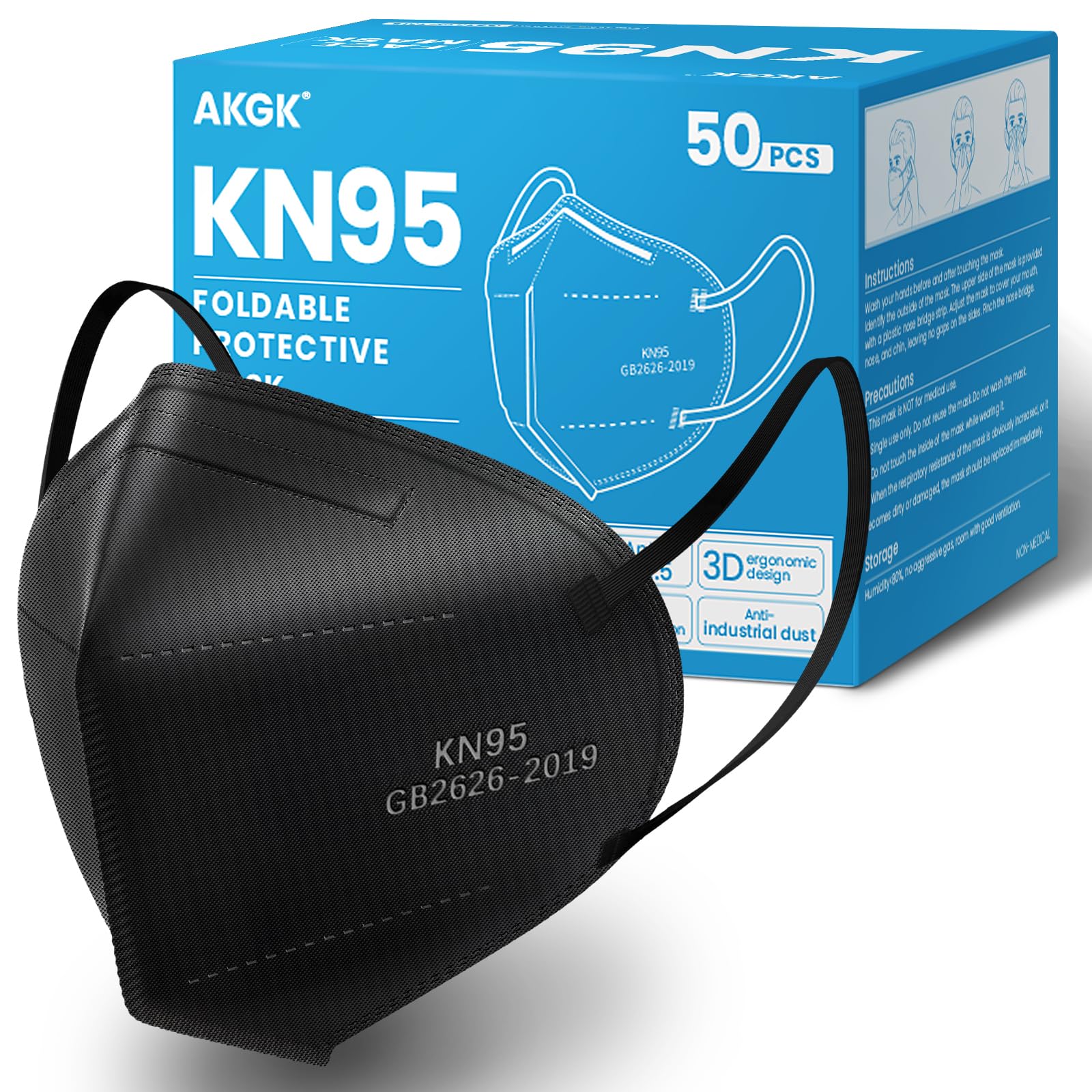 akgk KN95 Face Mask 50 PCS, Breathable Protection Masks, 5-Ply KN95 Black Masks,
