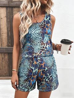 Women's Two Piece Loungewear Set, Leopard Print U Neck Sleeveless Tank Top And Casual Shorts Pajama Outfit
