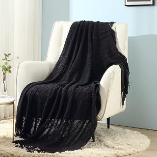 CREVENT Knitted Decorative Throw Blanket for Couch Sofa Chair Bed，Soft Warm Cozy Light Weight for Spring Summer Fall (127cmX152cm Dark Black)