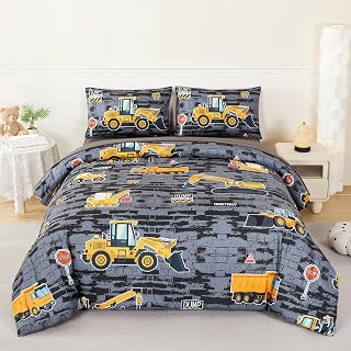Full Bedding Sets for Boys Excavator Tractor Cars Comforter Set Construction Vehicle Truck Bed Sets for Kids Teens Soft Microfiber 5 Pieces Gray Bed in A Bag Set All Seasons(Gray Cars, Full)