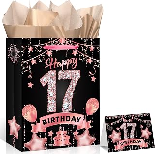 LUUFILx Rose Gold 17th Birthday Gift Bag for Girls Party Favor Bags with Wrapping Paper Card Rose Gold Christmas 17 Birthday Gift Wrap Bag for 17 Years Old Party Decorations Supplies