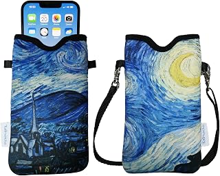 Tainada Neoprene Neck Phone Pouch Bag with Crossbody Strap (Starry Night) | For Van Gogh lovers, Men / Women; lightweight cell phone sleeve case carrier with adjustable lanyard; fits most smartphones