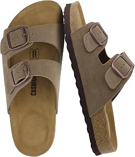 CUSHIONAIRE Logo 100% Genuine Leather Suede Slides for Women, Cushioned Cork Footbed Womens Sandals with Adjustable Buckles and Memory Foam