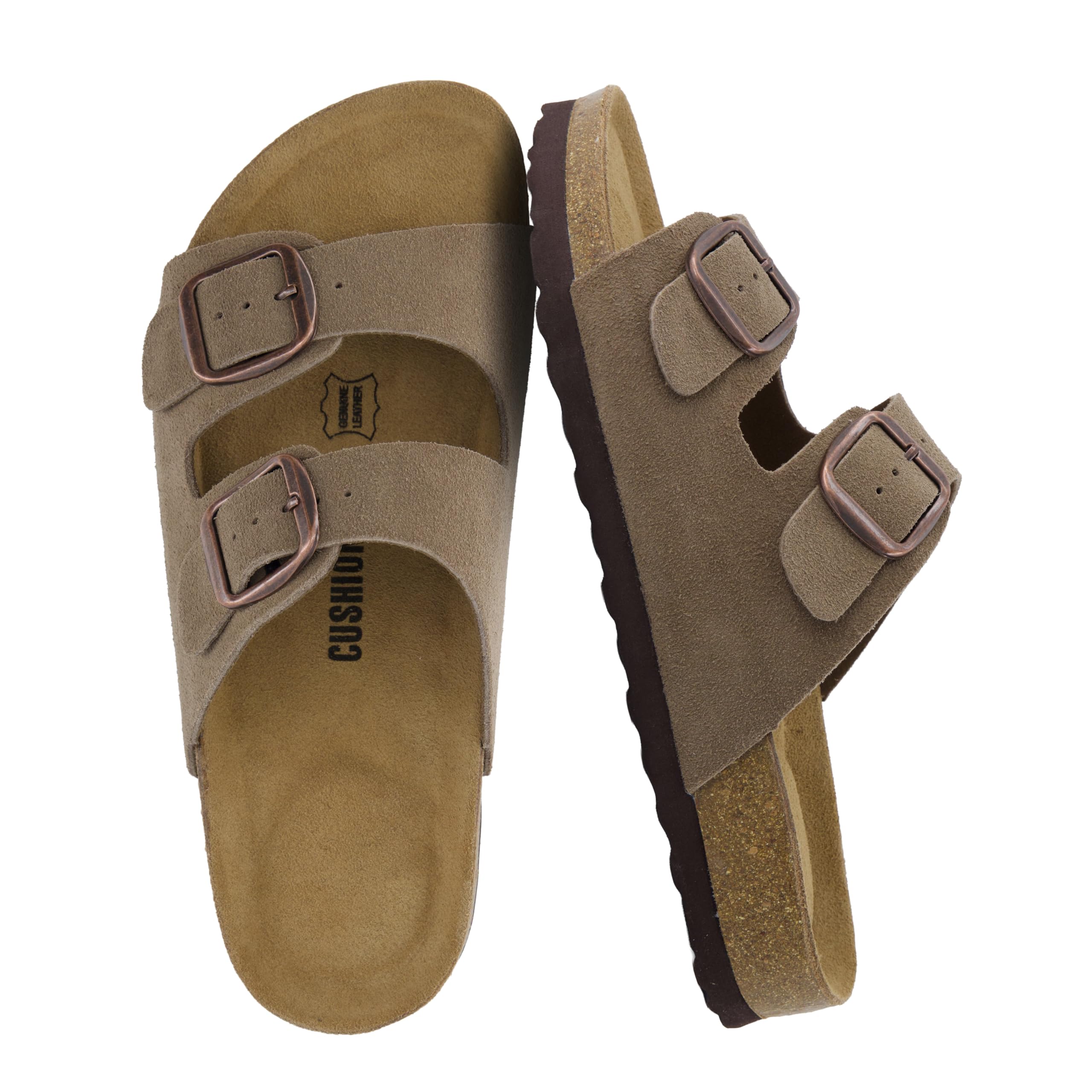 CUSHIONAIRE Logo 100% Genuine Leather Suede Slides for Women, Cushioned Cork Foo