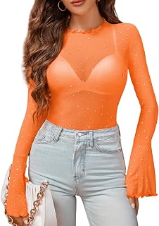Avidlove Womens Ladies Mesh Tops Rhinestone Long Sleeve Sequin Blouses S-XXL