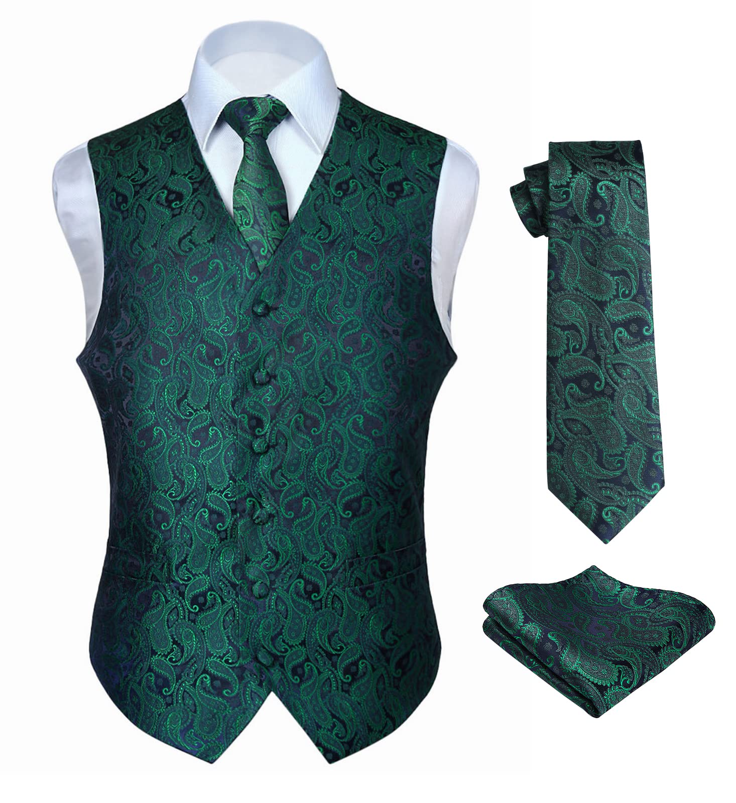 HISDERN Men's Classic Paisley Floral Jacquard Vest and Tie and Pocket