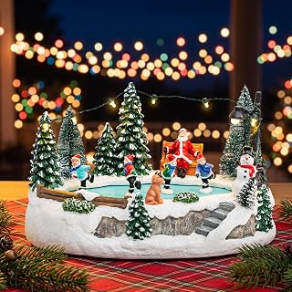 XPSCOCO Animated Christmas Village, Lighted Musical Ice Skating Christmas Village with Rotating Skaters, Santa and Snowman, USB or Battery Powered Tabletop Christmas Decorations Gifts