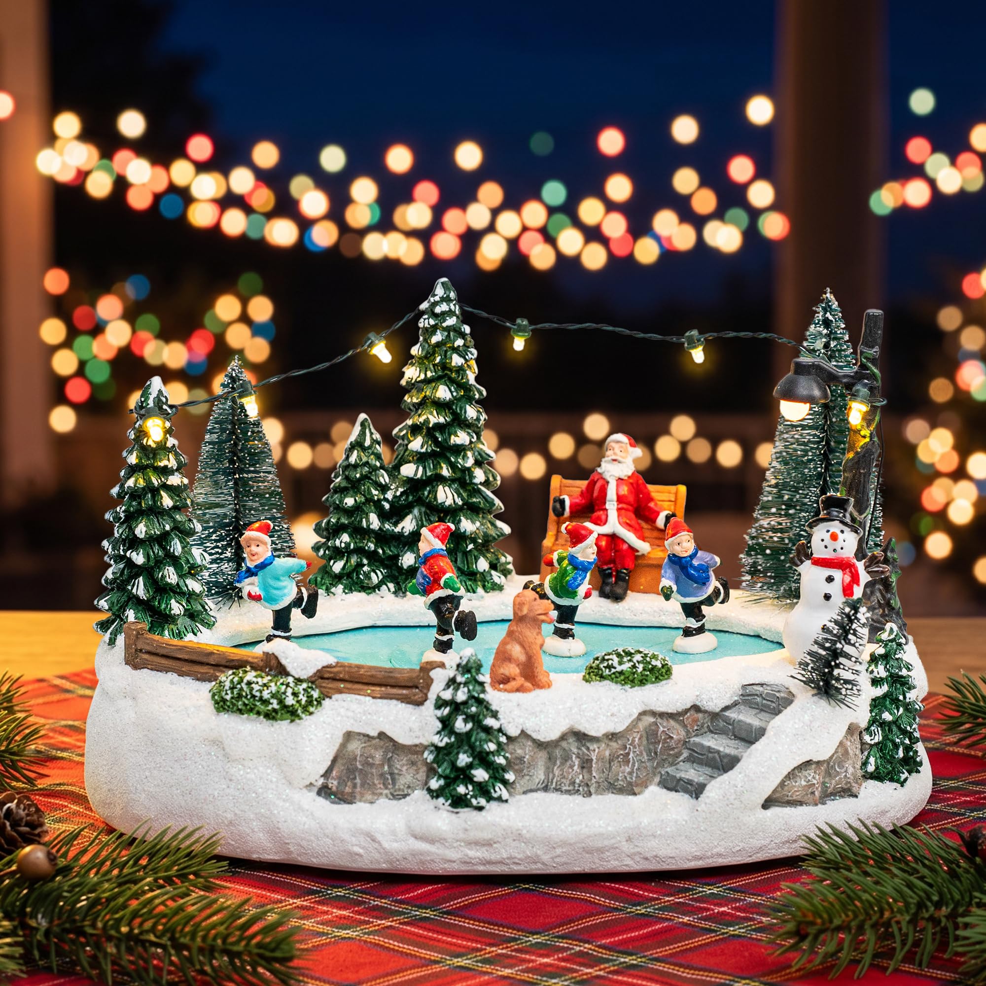 XPSCOCO Animated Christmas Village, Lighted Musical Ice Skating Christmas Villag