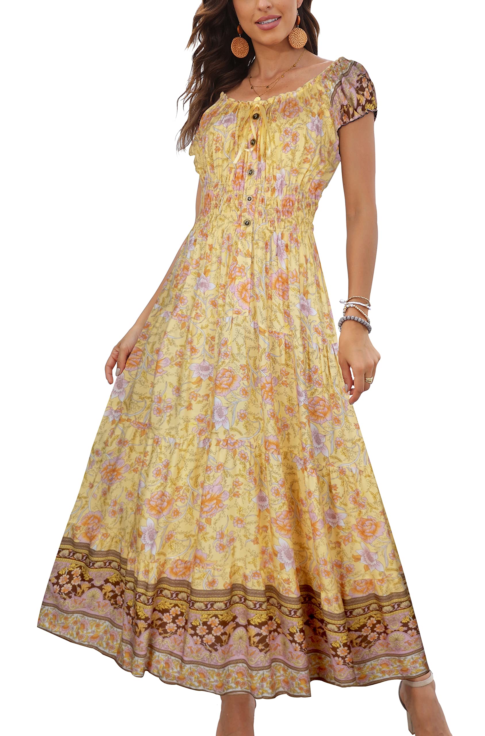 OSTOO Women's Summer 2025 Short Sleeve Boho Floral Print Multi-Layer Long Dress 