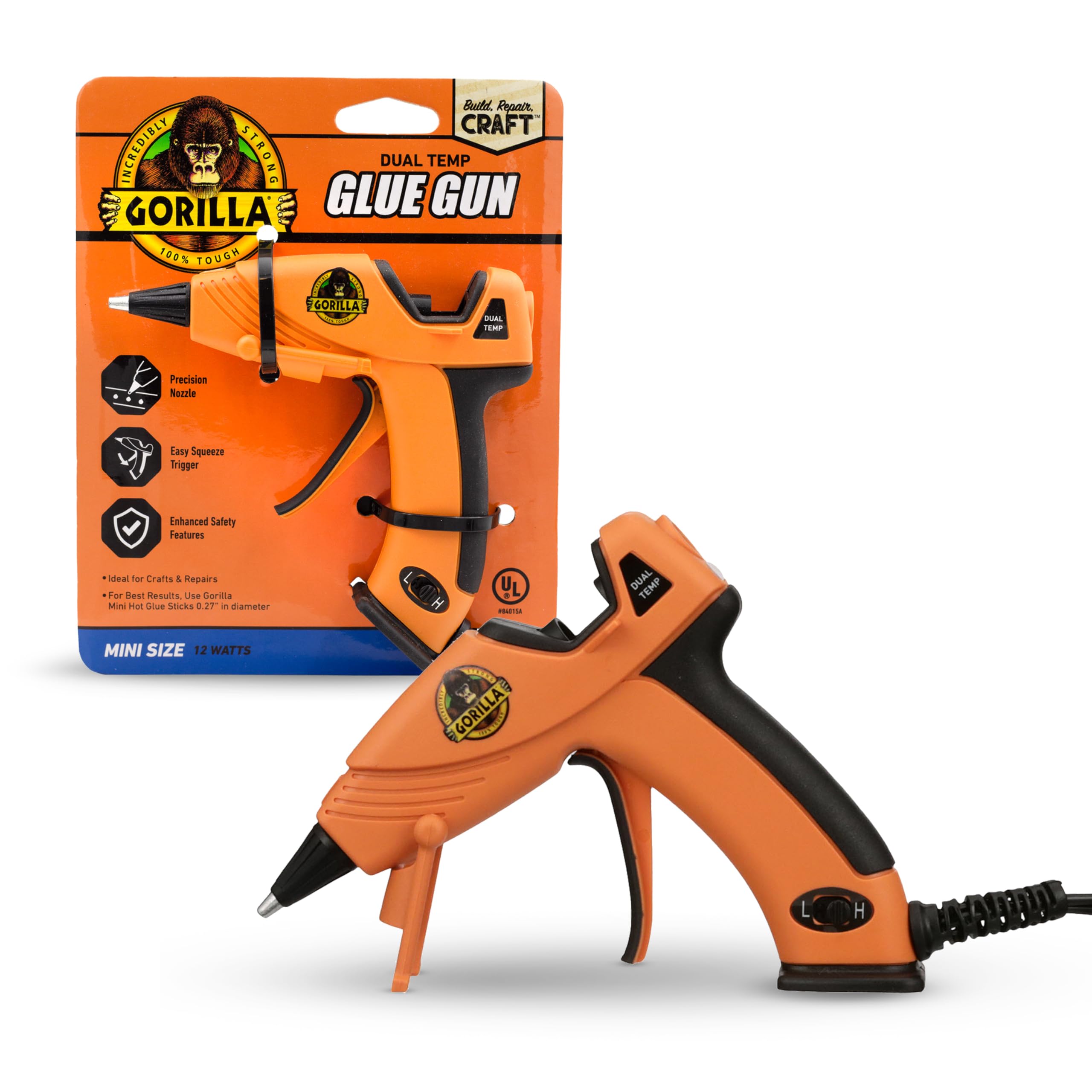 Gorilla Hot Glue Gun, Dual Temp, Mini Size, Easy Squeeze Trigger | Precision Noz
