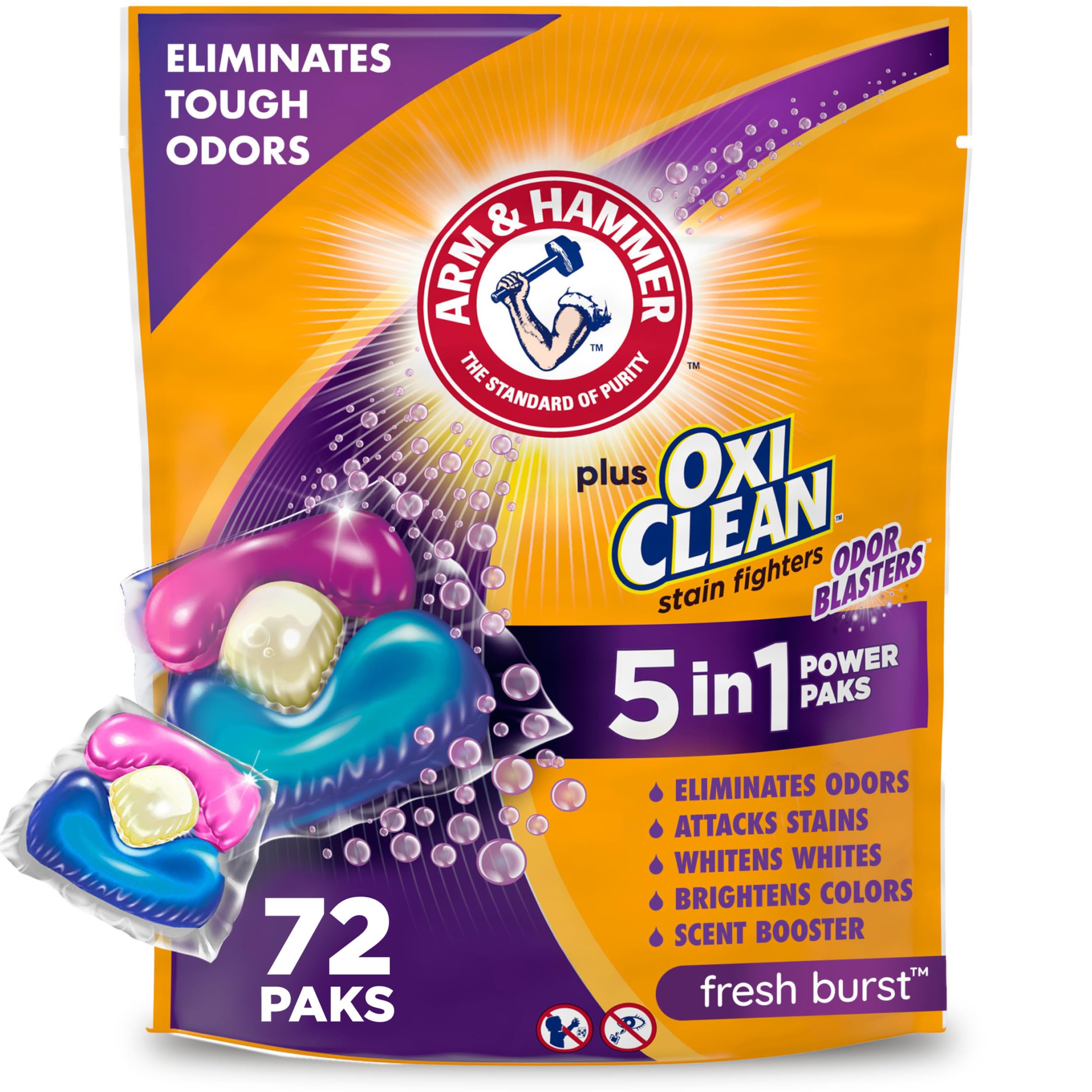 ARM & HAMMER Plus OxiClean With Odor Blasters Laundry Detergent Pak, 72 Ct | 5-i