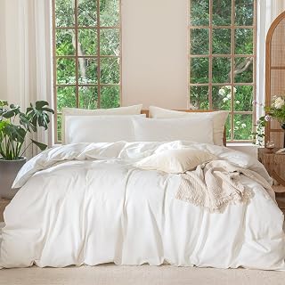 MOOMEE 100% Washed Cotton Duvet Cover Set, Linen Like Textured Bedding Set, Breathable Durable Soft and Comfortable (Plain Off-White, King, 104x90 Inch)