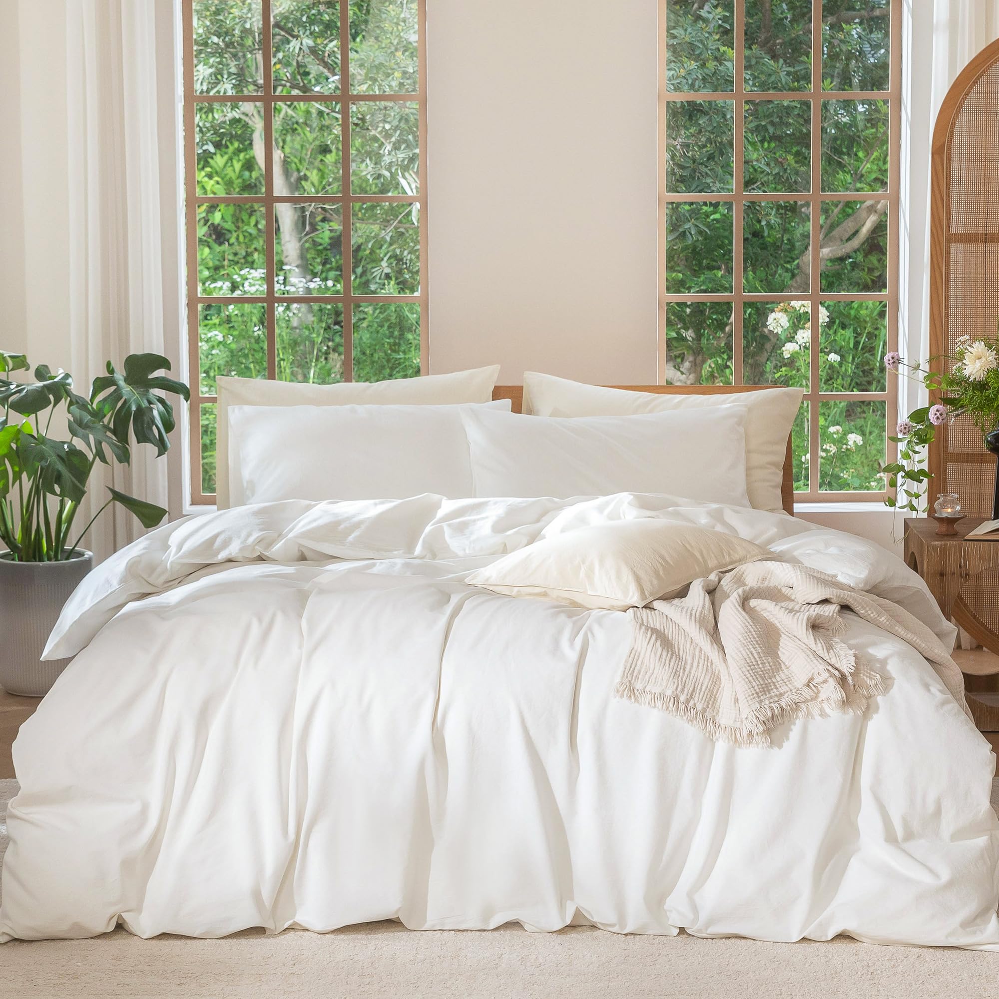 MOOMEE 100% Washed Cotton Duvet Cover Set, Linen Like Textured Bedding Set, Brea