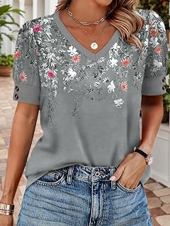 Womens Tops Short Sleeve Shirts Buttons V Neck Spring Fashion Summer Outfits Oversize Blouses Dressy Casual