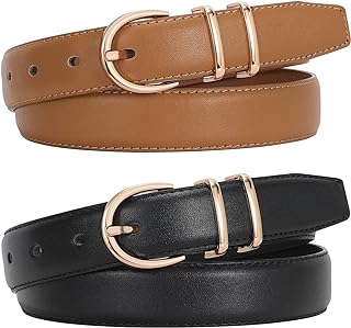 JASGOOD 2 Pack Leather Work Belt for Jeans with Gold Buckle