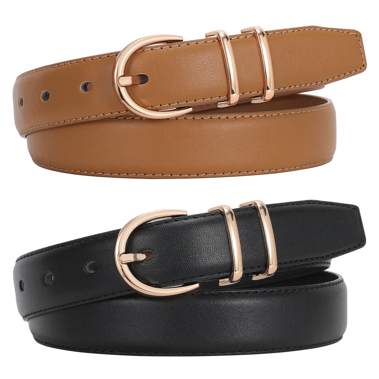 JASGOOD 2 Pack Leather Work Belt for Jeans with Gold Buckle