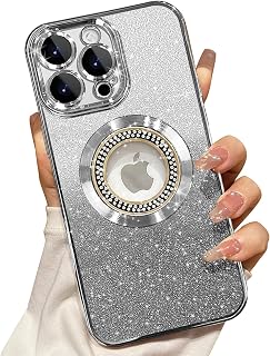 Misscase for iPhone 13 Pro Magnetic Glitter Case Compatible with MagSafe,Full Protection Slim Shockproof Anti-Scratch Case with Camera Lens Protector Logo View Dust-Proof Net for Women Sliver