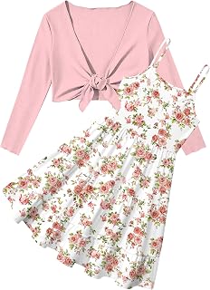 RAISEVERN Girls Adjustable Strap A-Line Dress with Front Tie Cardigan 7-14Y